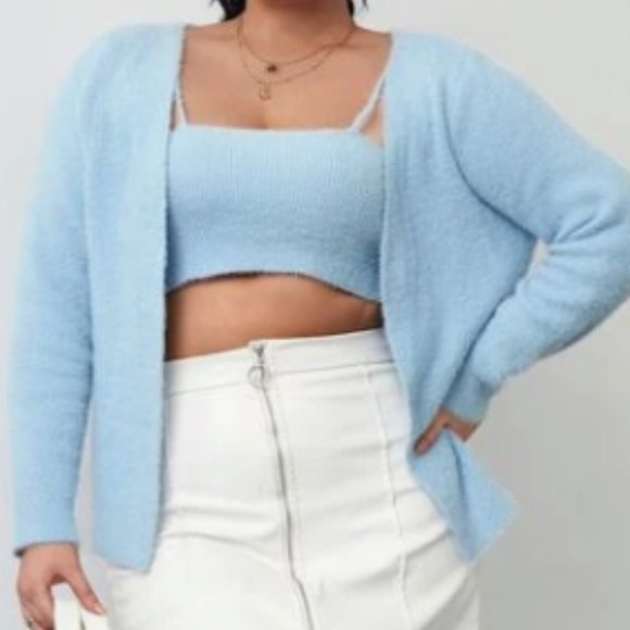 1XL - Plus Solid Fuzzy Knit Cami Top & Open Front Cardigan - Picture 2 of 3